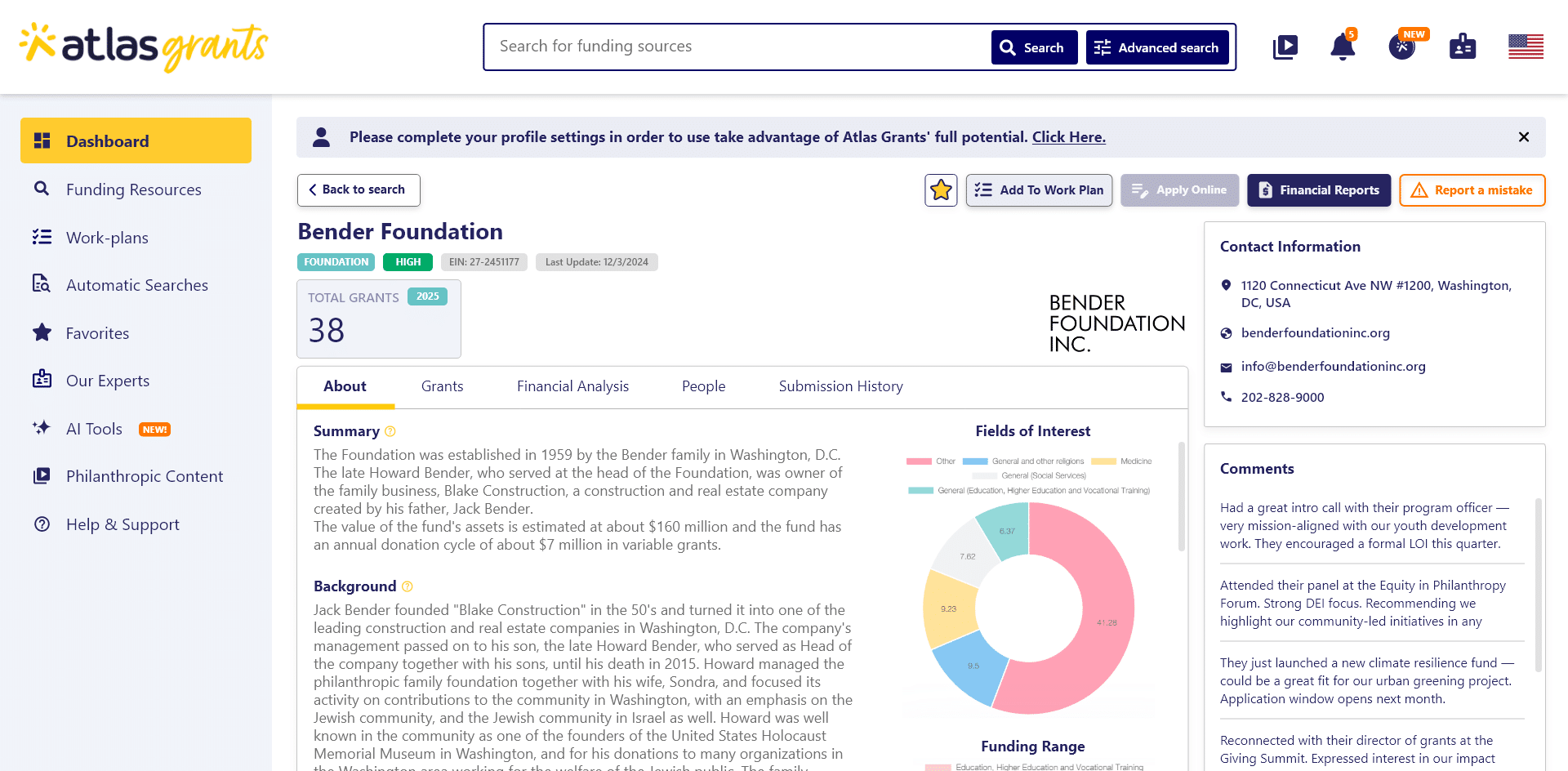 Atlas Grants screenshot: Funding source profile